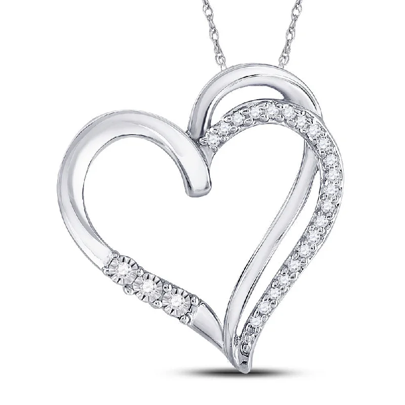 arched modern necklace-10kt White Gold Womens Round Diamond Open-center Heart Pendant 1/10 Cttw