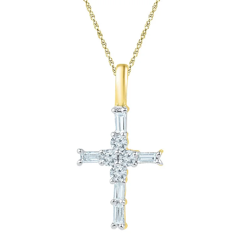 tendril chain necklace-10kt Yellow Gold Womens Baguette Diamond Cross Pendant 1/4 Cttw