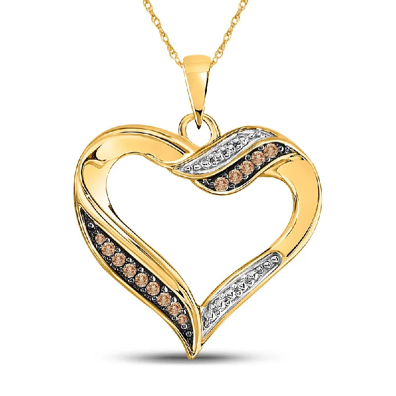 narrow birthstone necklace-10kt Yellow Gold Womens Round Brown Diamond Heart Pendant 1/10 Cttw