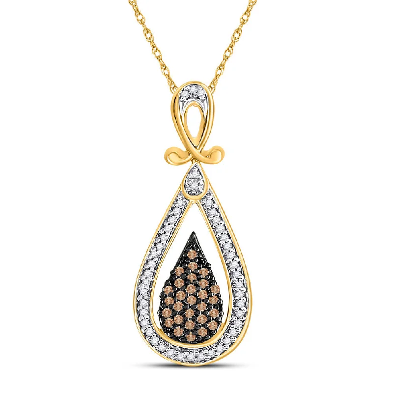 sci-fi twilight necklace-10kt Yellow Gold Womens Round Brown Diamond Teardrop Cluster Pendant 1/4 Cttw