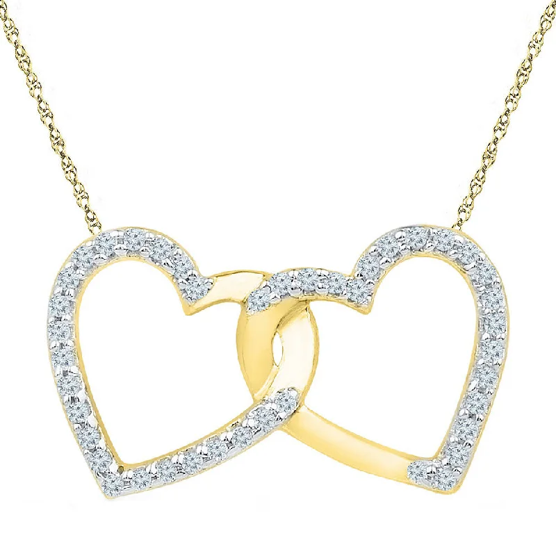 custom nebula necklace-10kt Yellow Gold Womens Round Diamond Double Linked Heart Pendant 1/6 Cttw