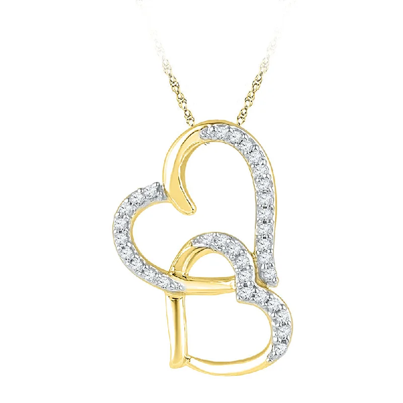 arched layered necklace-10kt Yellow Gold Womens Round Diamond Linked Double Heart Pendant 1/10 Cttw