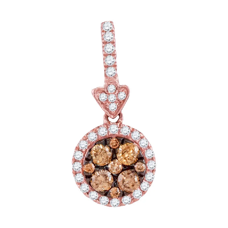 twilight diamond necklace-14kt Rose Gold Womens Round Brown Diamond Circle Frame Cluster Pendant 1/2 Cttw