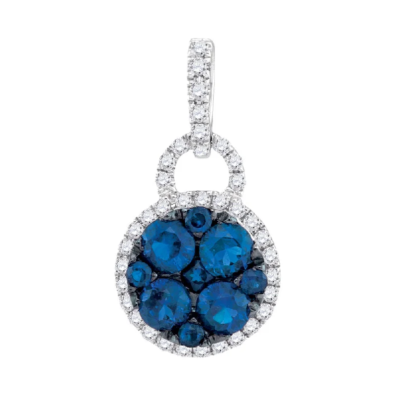 wave gemstone necklace-14kt White Gold Womens Round Blue Sapphire Cluster Pendant 3/4 Cttw