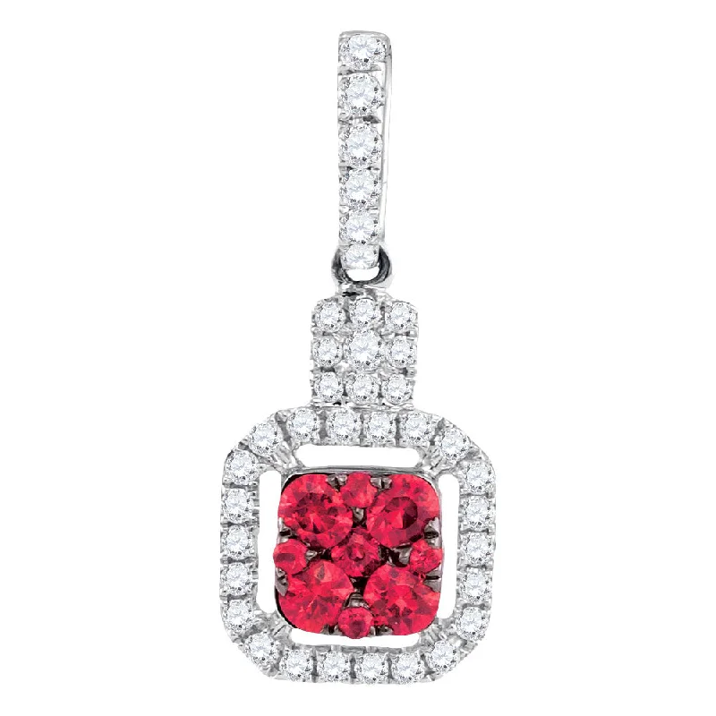 heirloom birthstone necklace-14kt White Gold Womens Round Ruby Cluster Diamond Square Pendant 1/2 Cttw