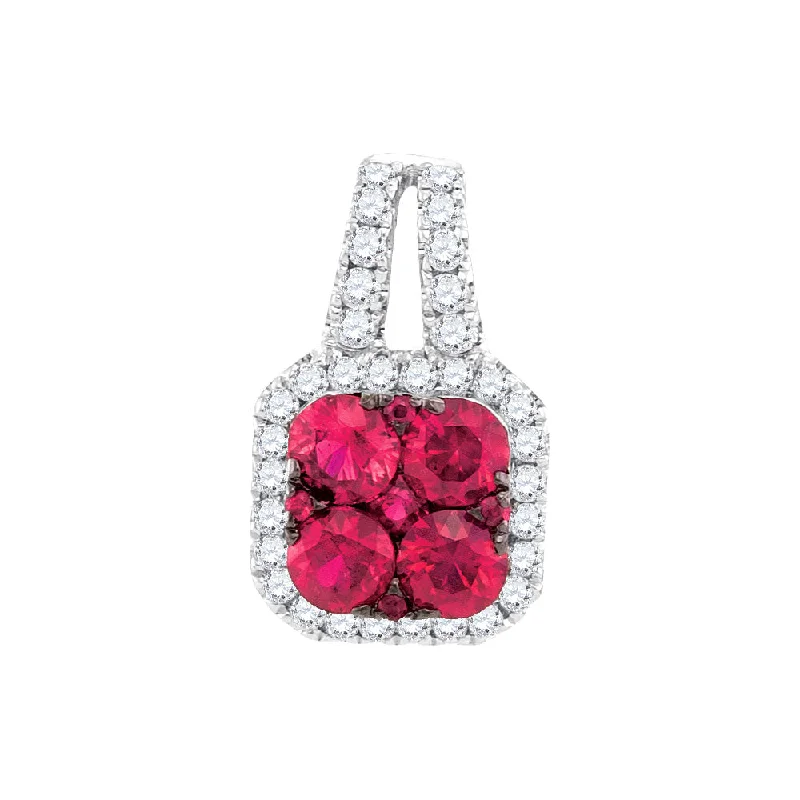 steel promise necklace-14kt White Gold Womens Round Ruby & Diamond Square Cluster Pendant 3/4 Cttw