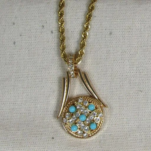 baroque diamond necklace-Crystal & Turquoise Pendant Necklace Gold