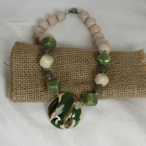 pearl twisted necklace-Cream, Light Brown & Green Pendant Necklace Kazuri Fair Trade Bead