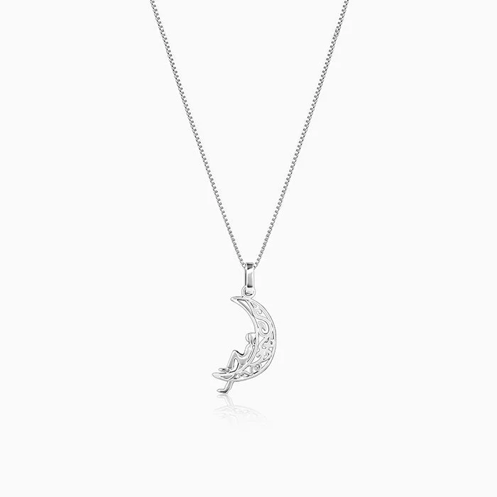 tendril pendant necklace-Oxidised Silver Unwind Moon Pendant with Box Chain