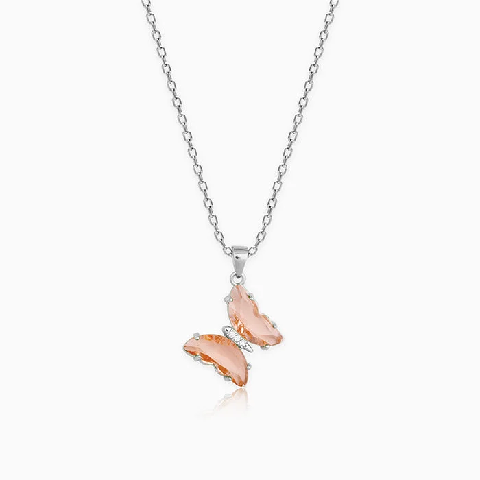 rose gold wave necklace-Silver Peach Butterfly Pendant With Link Chain