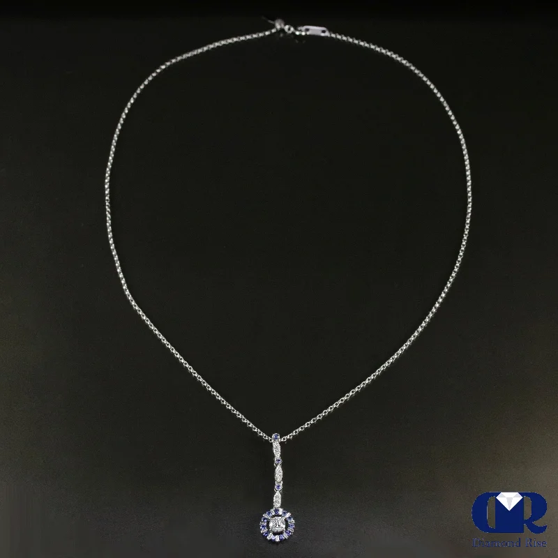 six-gem drop necklace-Diamond & Sapphire Drop Pendant Necklace In 18K White Gold 18"