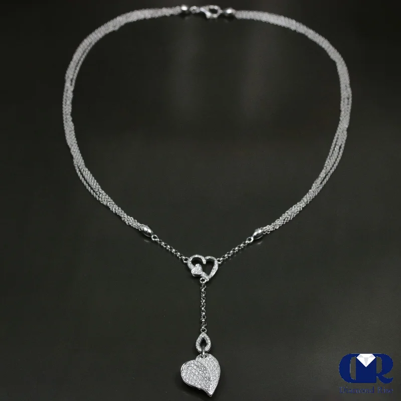 carved silver necklace-Diamond Triple Heart Drop Pendant Necklace In 14K White Gold