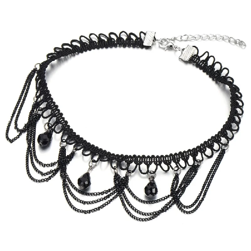 pearl twisted necklace-Gothic Style Ladies Black Choker Necklace with Black Teardrop Beads Charm Pendant