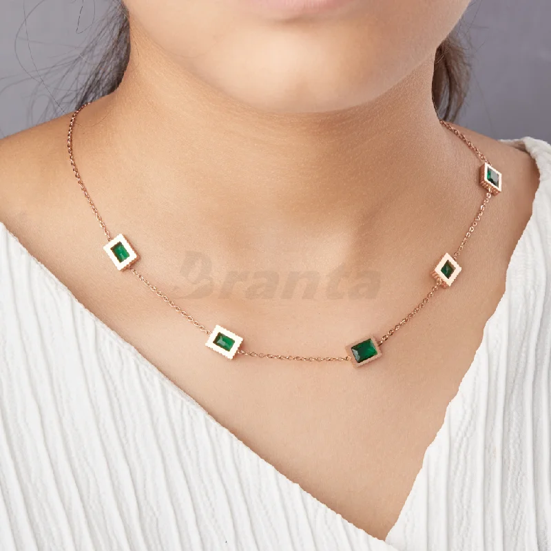 stretchable gold necklace-Green Emerald Rose Gold Necklace