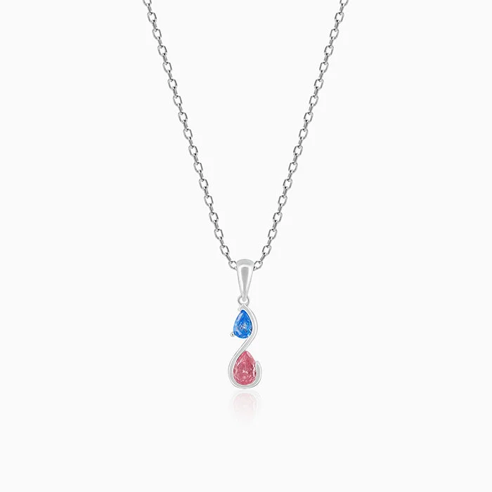 pearl twisted necklace-Silver Blue and Pink Stone Pendant with Link Chain