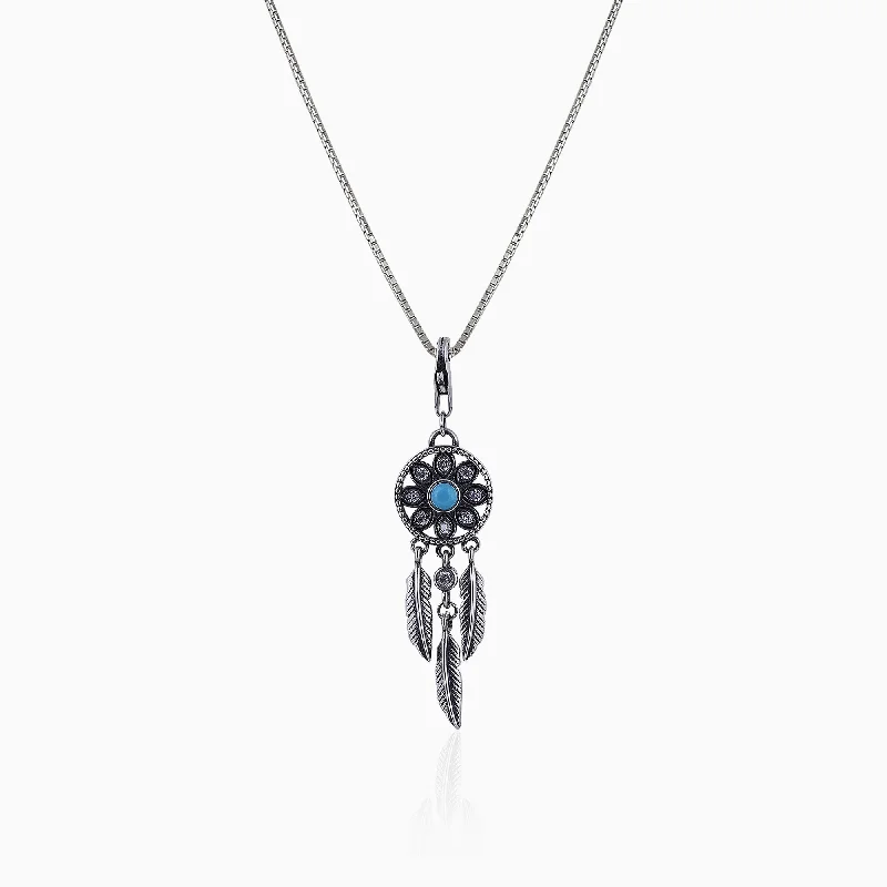 wave gemstone necklace-Oxidised Silver Dream Catcher Pendant With Box Chain