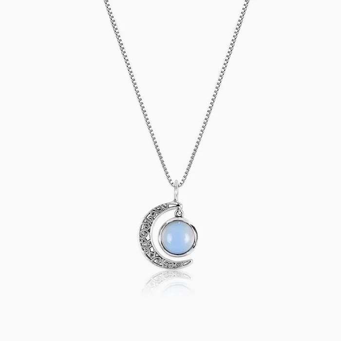 vintage emerald necklace-Oxidised Silver Moonstone Crescent Pendant with Box Chain