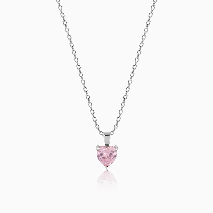 wave gemstone necklace-Silver Pink Heart Pendant with Link Chain