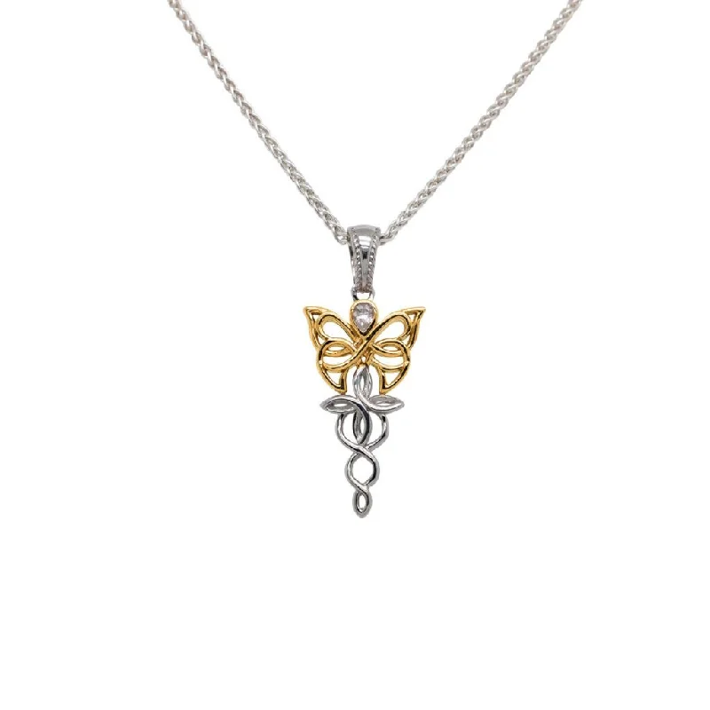 rose gold braided necklace-Silver and 10k Yellow or Rose Gold Butterfly Petite Pendant -Cubic Zirconia