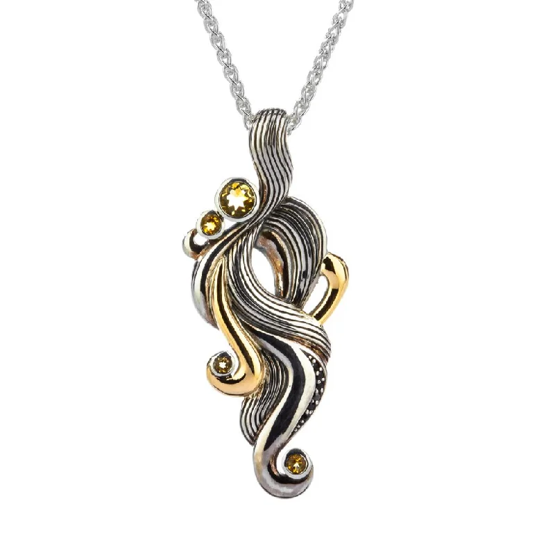 twilight diamond necklace-Silver and 10k Gold 'Air' Element Pendant - Citrine -Black Spinel