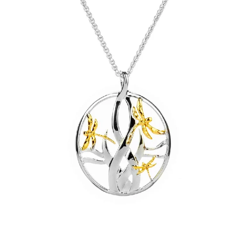 cast silver chain necklace-Silver and 10k Gold Dragonfly in Reeds Pendant Large