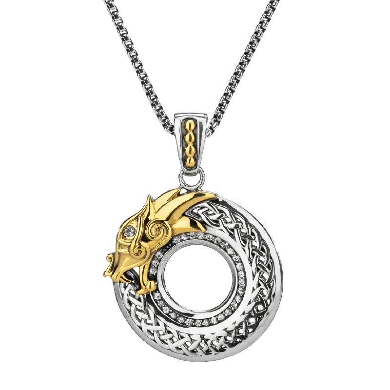 stretchable birthstone necklace-Silver and 10k Gold Dragon Pendant - White Sapphire