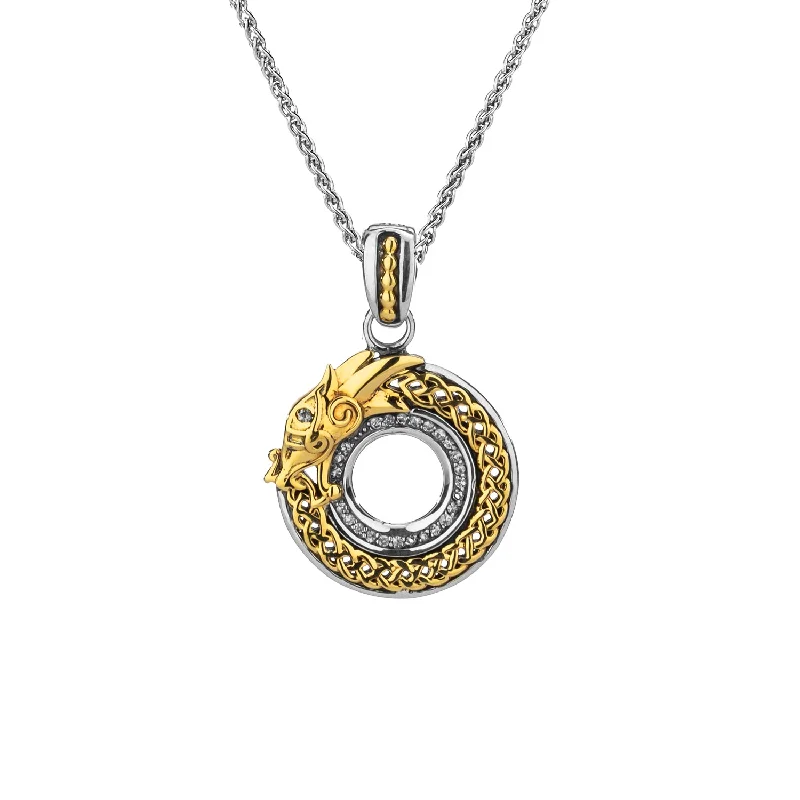 stretchable friendship necklace-Silver and 10k Gold Round Dragon Pendant Small - White Sapphire