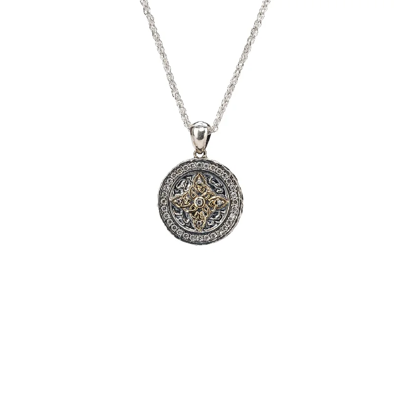 narrow pendant necklace-Silver and 10k Gold Celestial Medallion Small Pendant - Cubic Zirconia