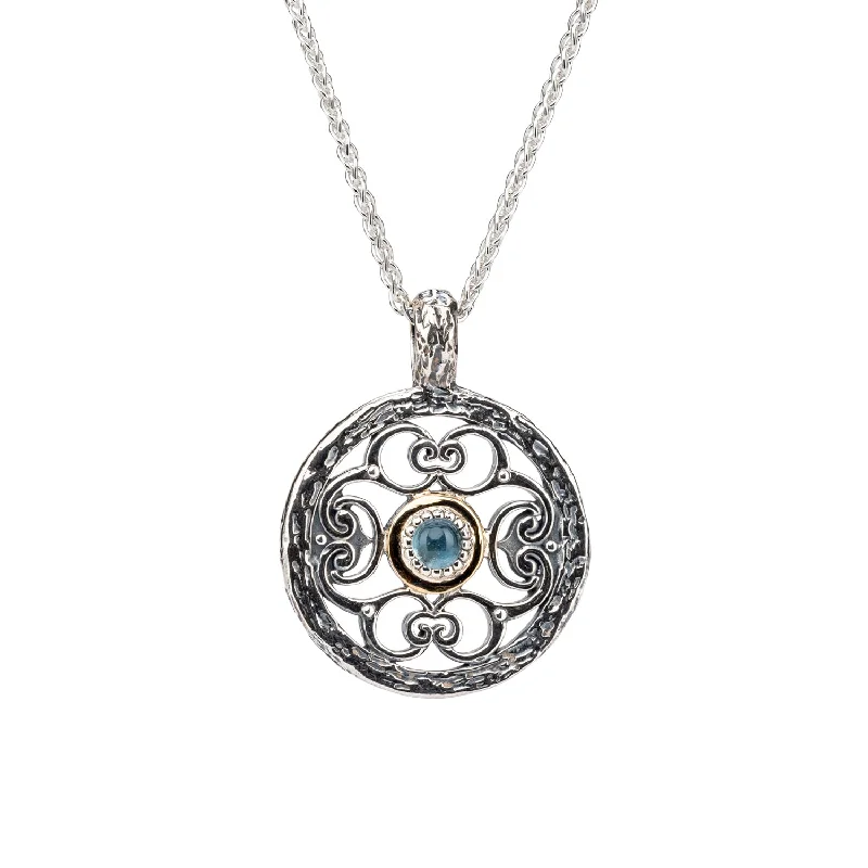 solid silver necklace-Silver and 10k Gold Filigree Whirlpool Pendant - Sky Blue Topaz