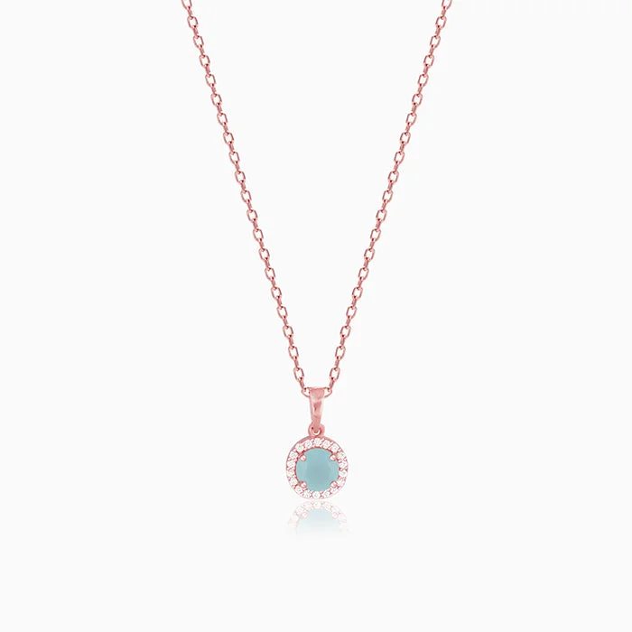 ribbed silver necklace-Rose Gold Blue Halo Pendant With Link Chain