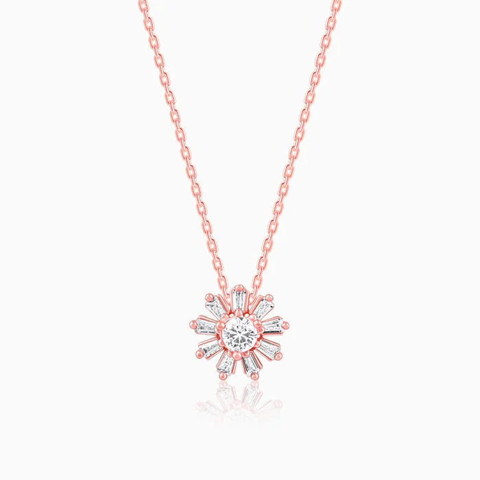 wave-shaped charm necklace-Rose Gold Baguette Flower Pendant with Link Chain