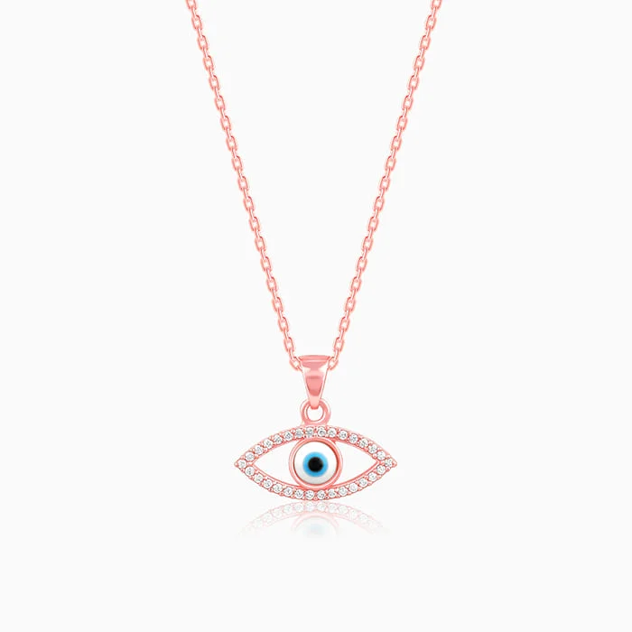 wave-shaped pendant necklace-Rose Gold Evil Eye Pendant wiith Link Chain