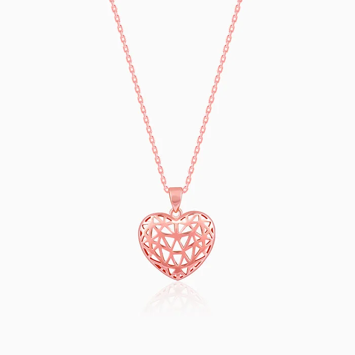 rose gold wave necklace-Rose Gold Filigree Heart Pendant with Link Chain