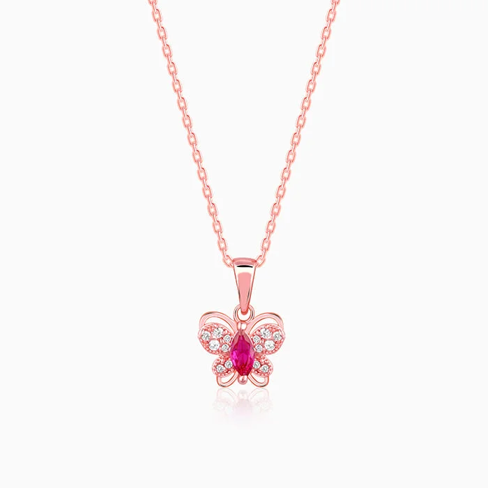 stretchable gold necklace-Rose Gold Pop Pink Studded Butterfly Pendant With Link Chain