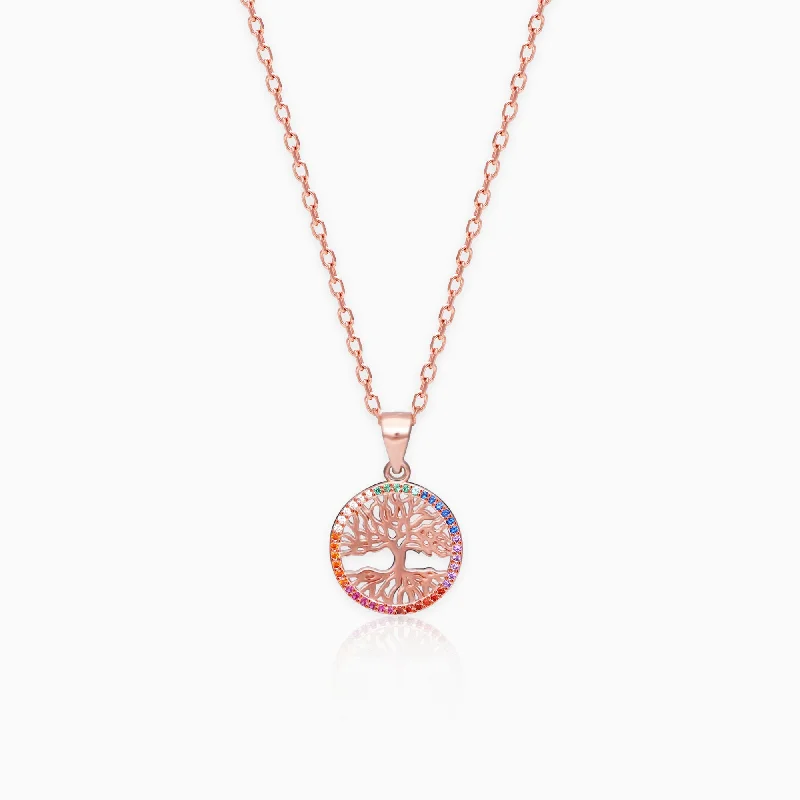 tendril carved necklace-Rose Gold Rainbow Tree of Life Pendant with Link Chain