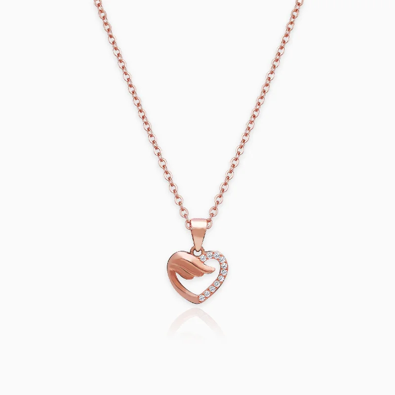 weathered gold necklace-Rose Gold Winged Heart Pendant with Link Chain