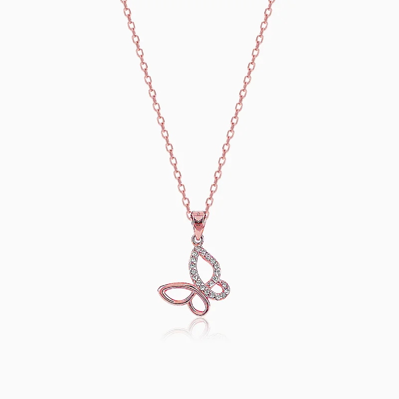 tendril pendant necklace-Rose Gold Zircon-Studded Butterfly Pendant With Link Chain