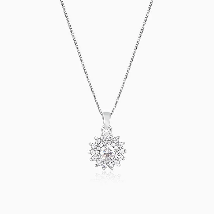 silver twist necklace-Silver Celestial Floral Pendant With Box Chain