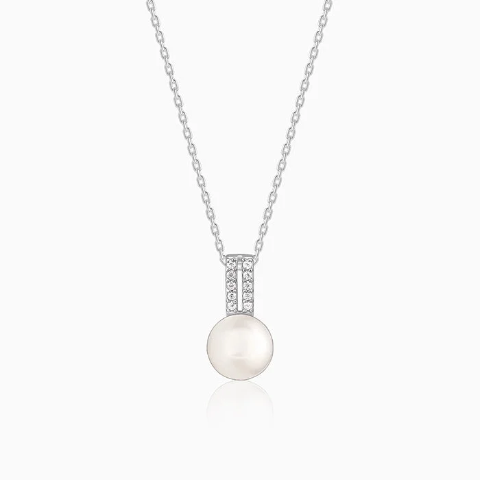 narrow pendant necklace-Silver Fall Pearl Pendant With Link Chain