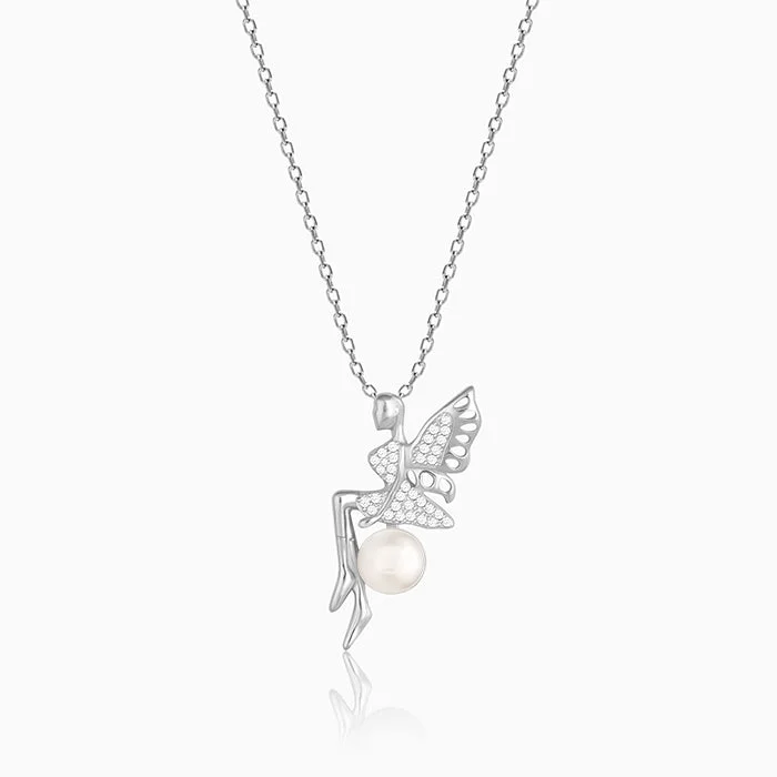 weathered silver chain necklace-Silver Love Angel Pearl Pendant With Link Chain