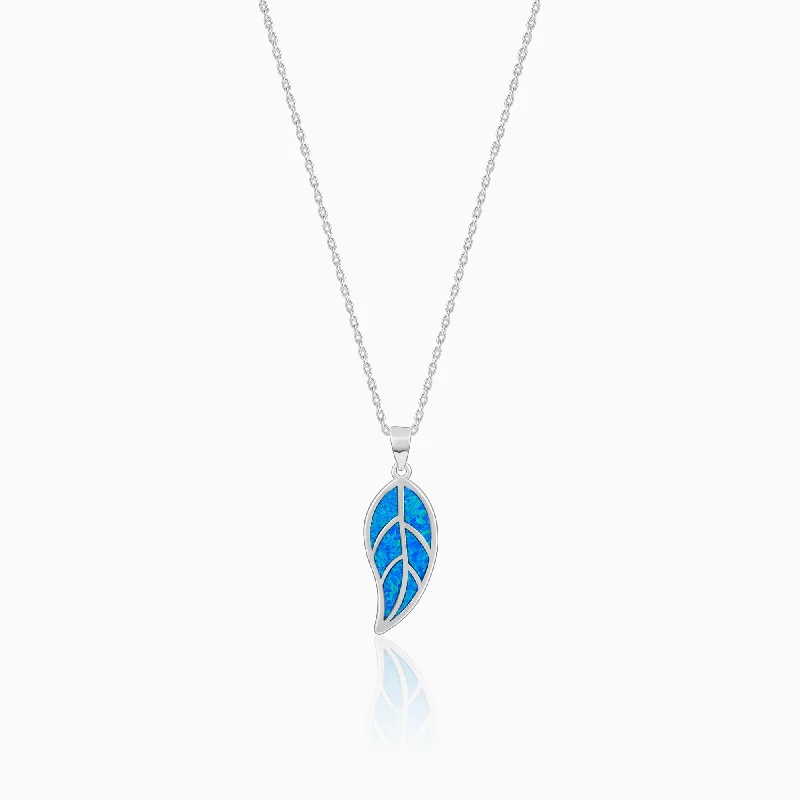 twilight diamond necklace-Silver Mystic Blue Leaf Pendant with Link Chain