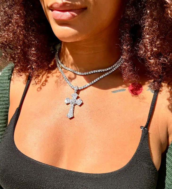 vintage-style necklace-Silver Tennis Chain Enchanted Cross Necklace