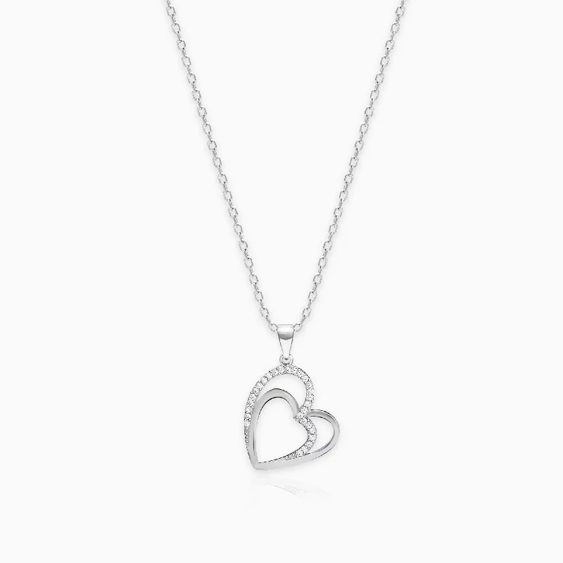 wave-shaped chain necklace-Silver Zircon Double Heart Pendant with Link Chain