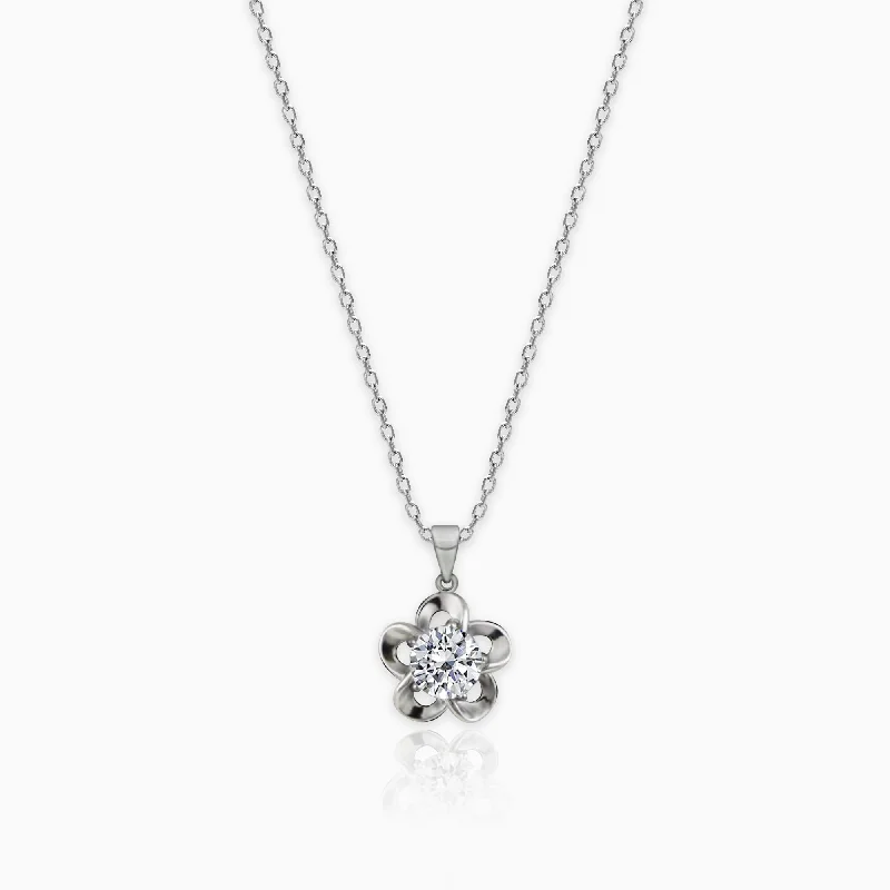 arched layered necklace-Silver Zircon Flower Pendant with Link Chain