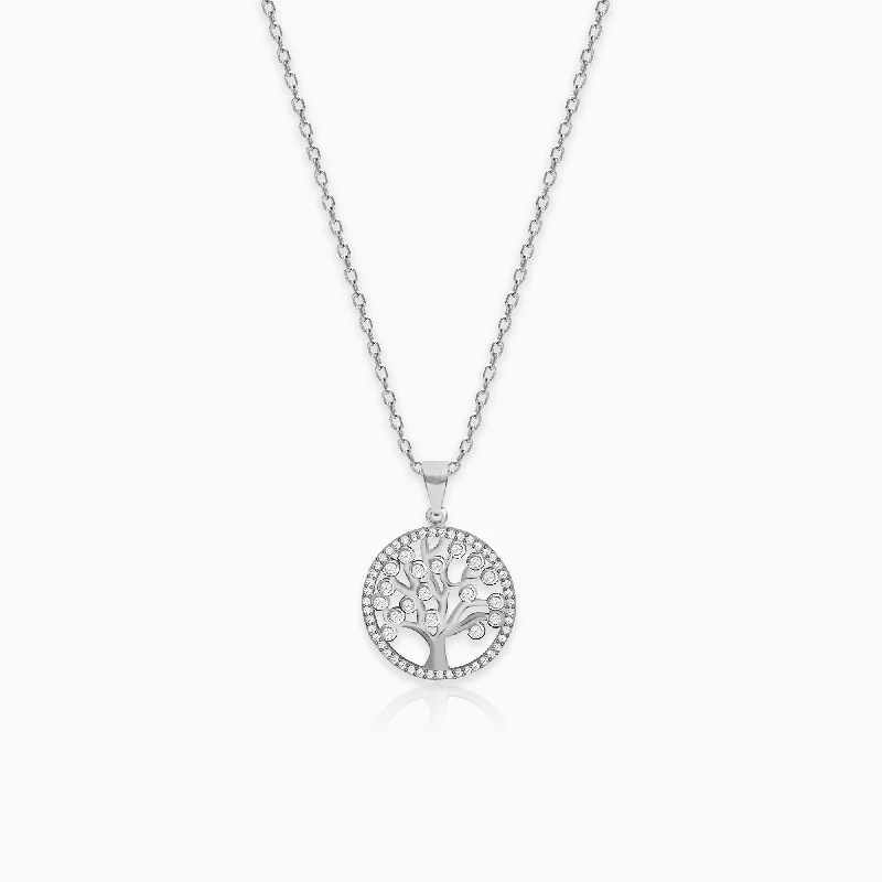 stretchable birthstone necklace-Silver Zircon Tree of Life Pendant with Link Chain