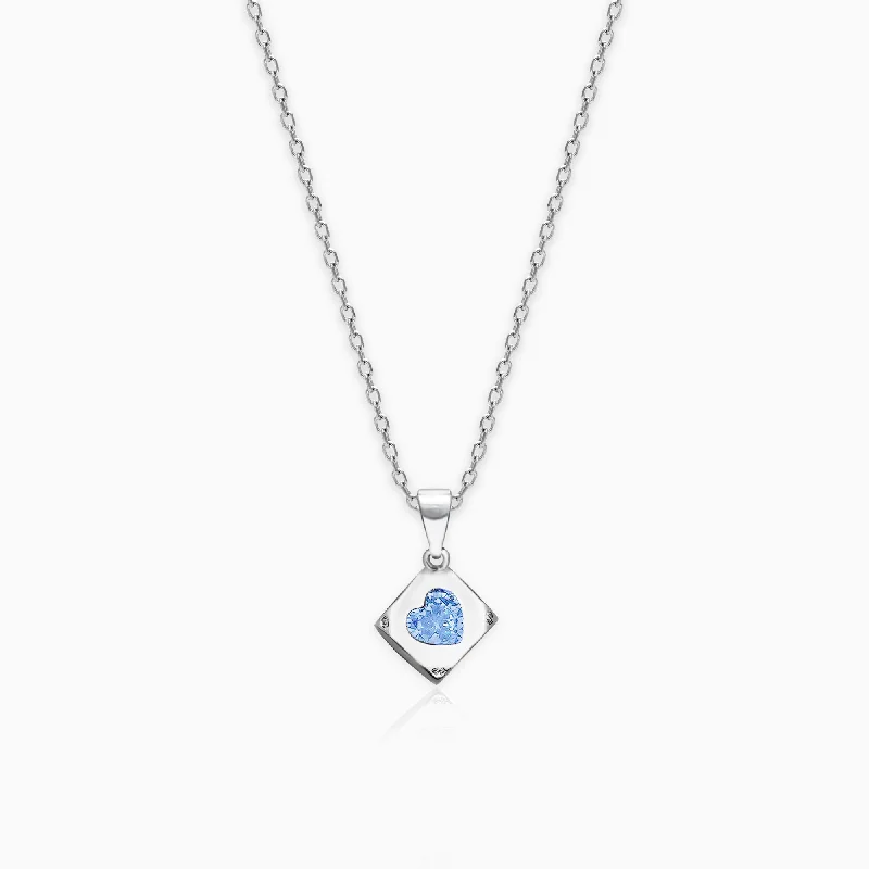 vine-themed pendant necklace-Sky Blue Heart Cube Pendant with Link Chain