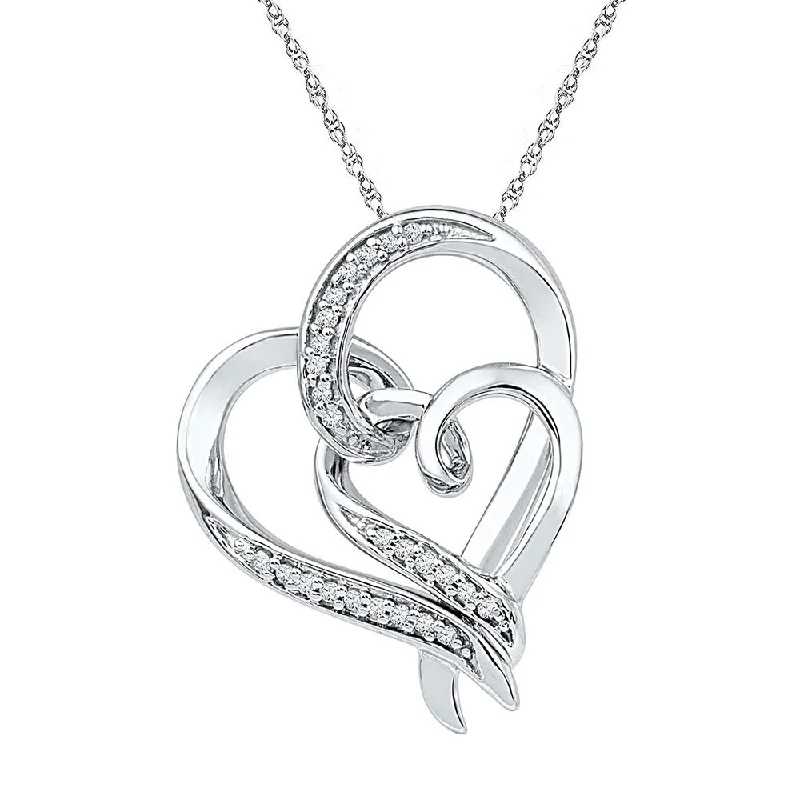 sci-fi twilight necklace-Sterling Silver Womens Round Diamond Double Heart Pendant 1/10 Cttw