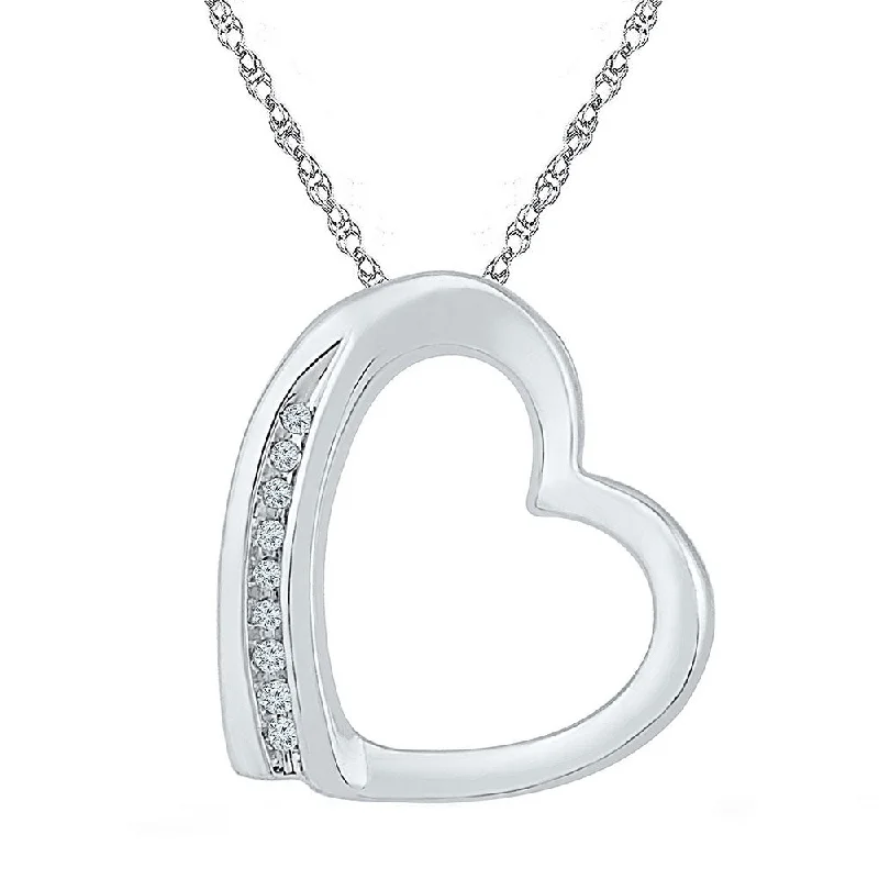 narrow pendant necklace-Sterling Silver Womens Round Diamond Heart Pendant .03 Cttw