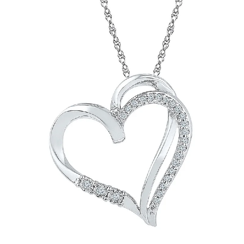 tendril engraved necklace-Sterling Silver Womens Round Diamond Heart Pendant 1/10 Cttw