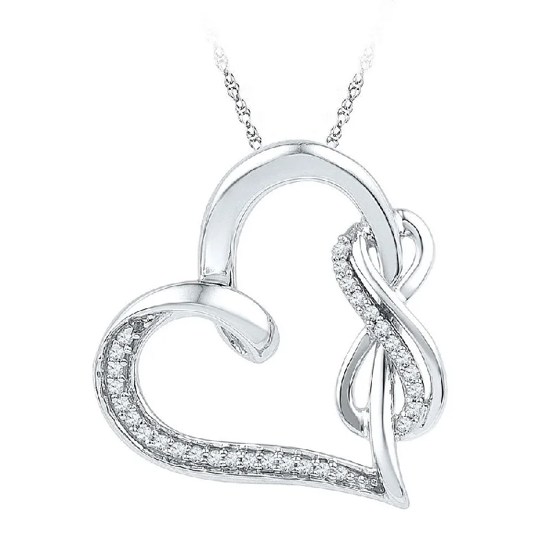 rose gold wave necklace-Sterling Silver Womens Round Diamond Linked Infinity Heart Pendant 1/8 Cttw